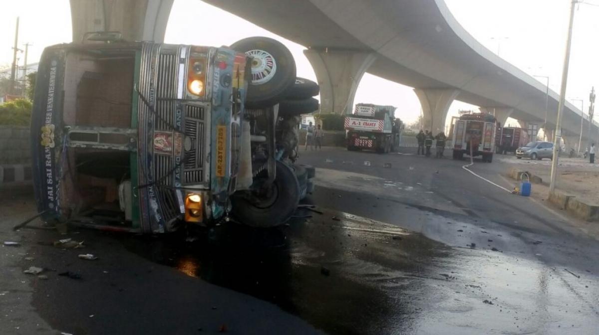 Fuel tanker loses control, overturns near Hyderabad